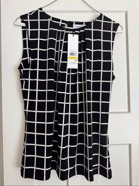 Calvin Klein Black & White Windowpane Sleeveless Blouse